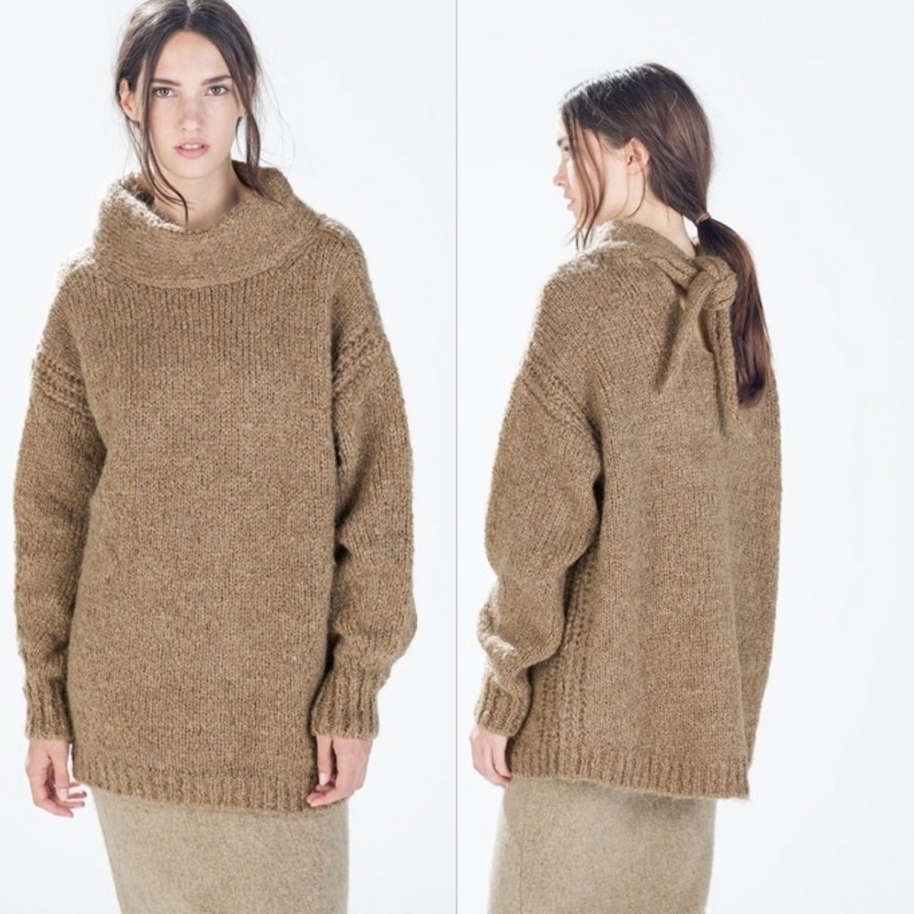Zara Scarf Knit Jumper Sweater In Beige Brown Women Size Large Thick Knit wool